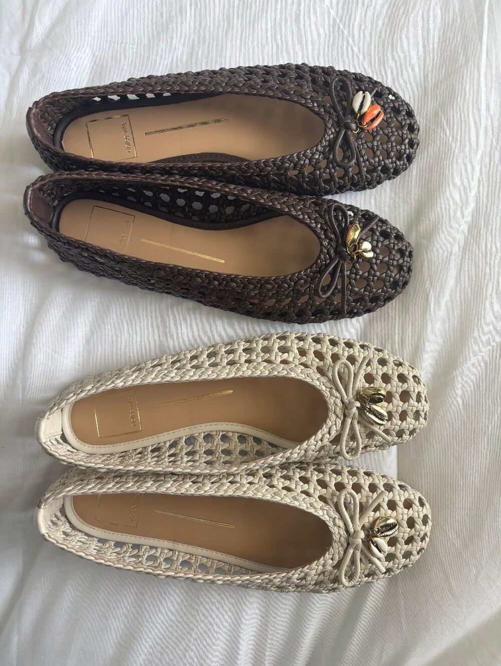 Dolce Vita Woven Shell-Accent Flats in Cream and Brown